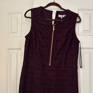 Calvin Klein Sleeveless Lace Midi Dress in Plum with Gold Zip